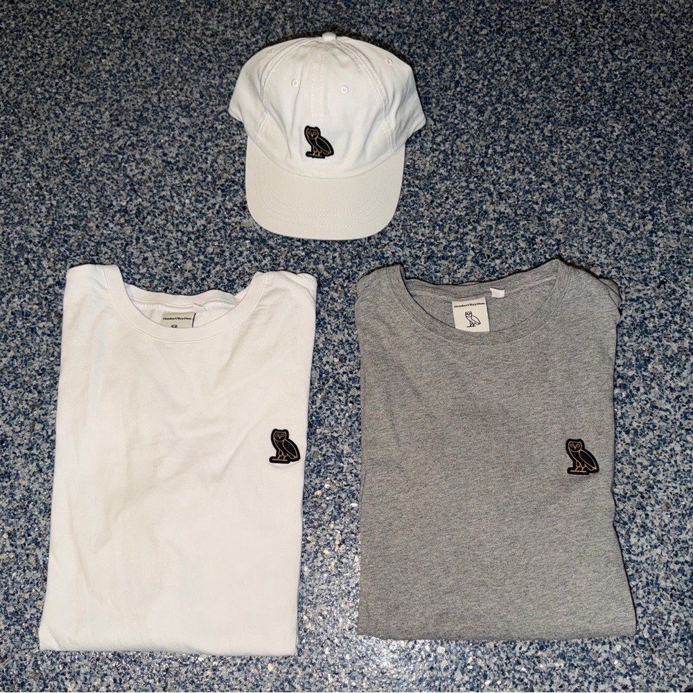 OVO Long Sleeve White and Gray T-Shirts with Matching Cap